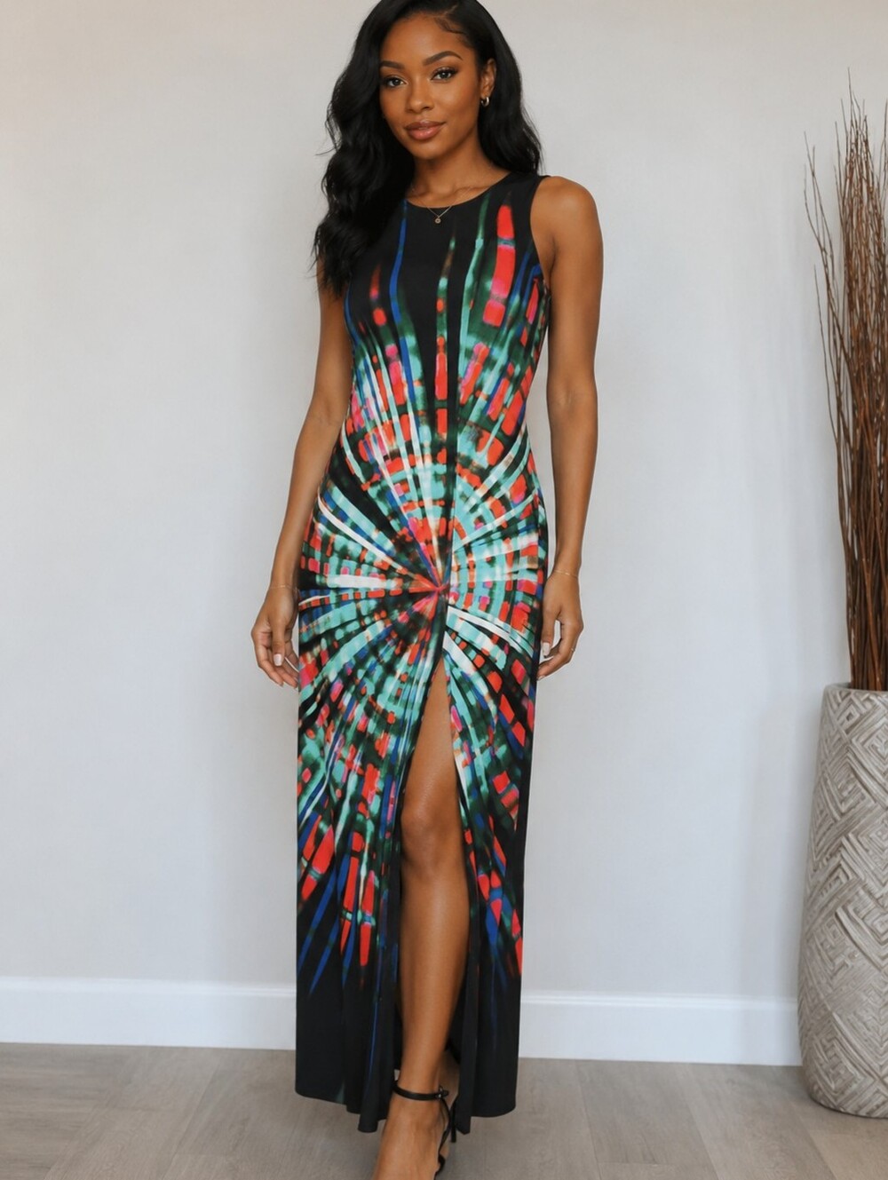 Maggy London Black Multicolor Tie Dye Artsy Abstract Stretch Maxi Dress Sz 6